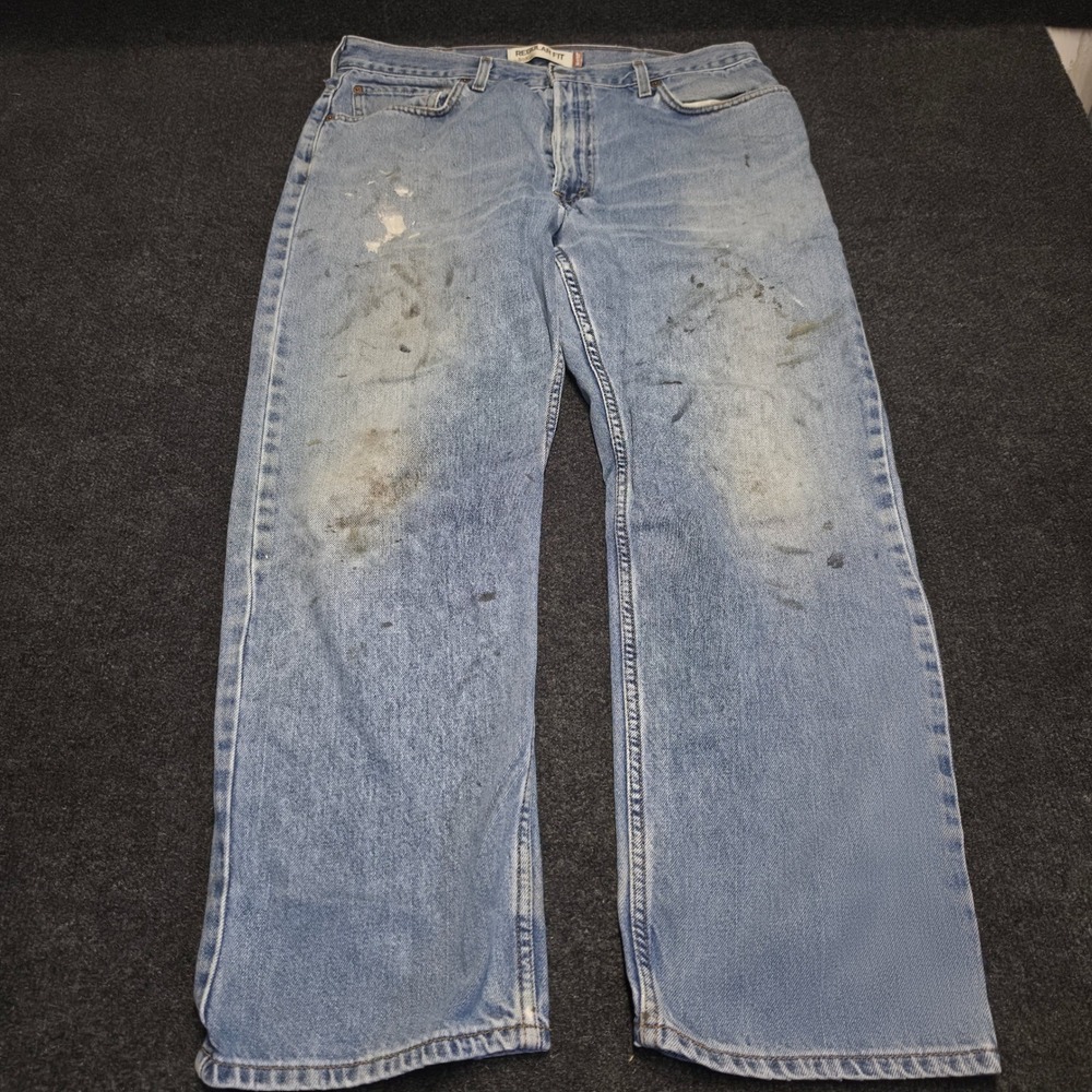 Levis 505 Regular Fit Jeans Mens 38x30 Light Wash Distressed Workwear Denim